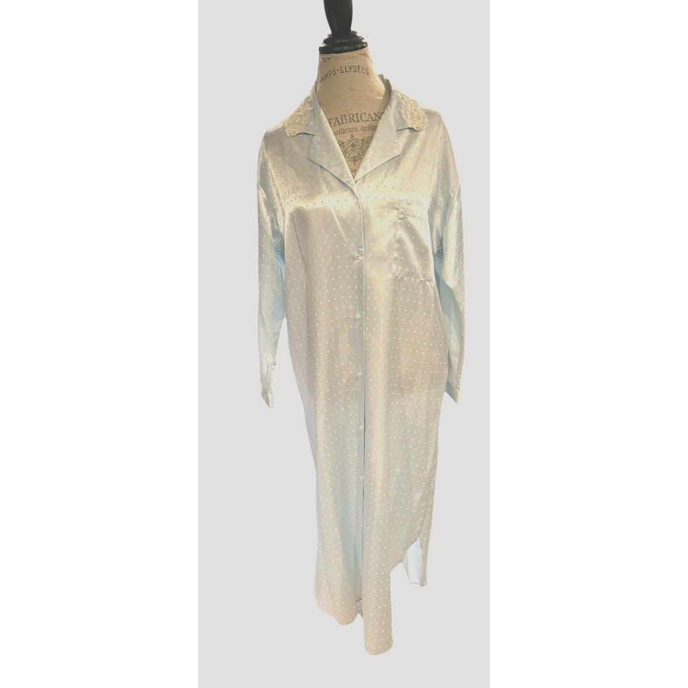 Vintage Miss Elaine Robe M Blue Button Embroidered Pocket Satin Bead Long Sleeve